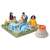 Kids playing in the Intex Jurassic Park inflatable pool with dinosaurs, volcano, and plants