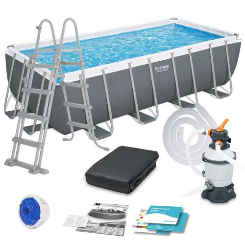 Bestway Power Steel 488x244x122cm metal frame pool set with ladder, cover, sand filter, and ChemConnect dispenser