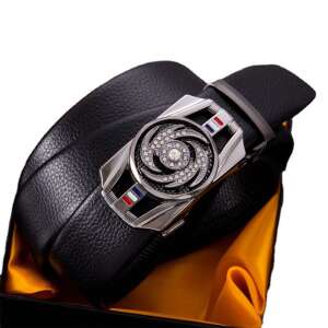 Dollcini Herren Automatik-Gürtelschnalle mit Strassbesatz, schwarzer Ledergürtel mit silberner Schnalle - Gürtel für Herren