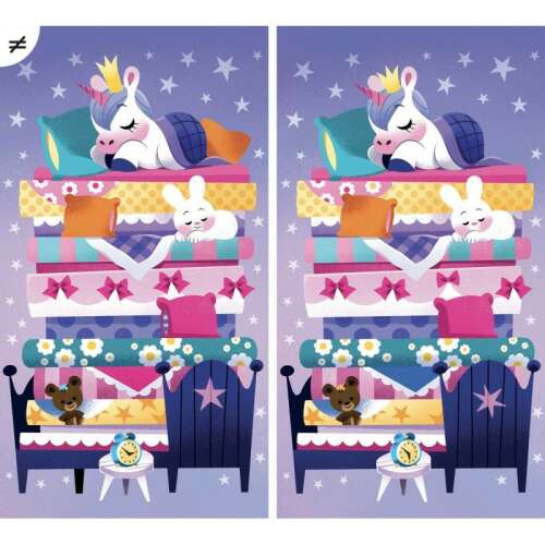 Auzou Unikornisok játékai letörölhető kártyák, különbségkereső játék, egy unikornis alszik egy párnahalmon