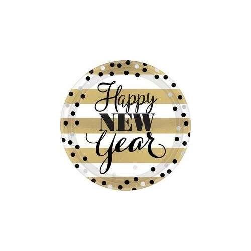 Szilveszteri egyszerhasználatos papírtányér, arany és fehér csíkos mintával, fekete pöttyökkel, 8 darabos csomag