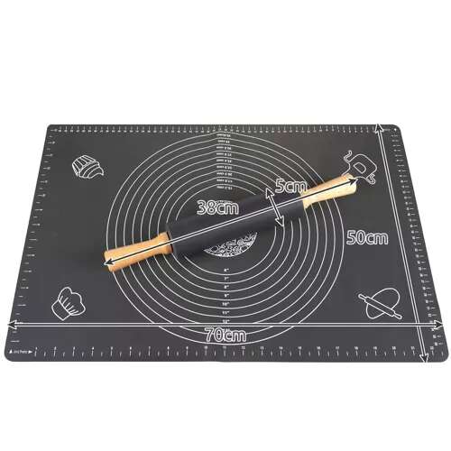 Non-stick silicone baking mat with rolling pin, 70x50cm, black
