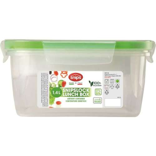 Cutie pentru prânz Snips de 1,4 l, etanșă la aer, recipient din plastic transparent cu capac verde, fără BPA, fabricat în Italia