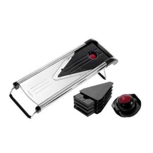 Westmark 11302260 mandoline slicer with 5 interchangeable blades, black and silver, on white background - Handheld slicer
