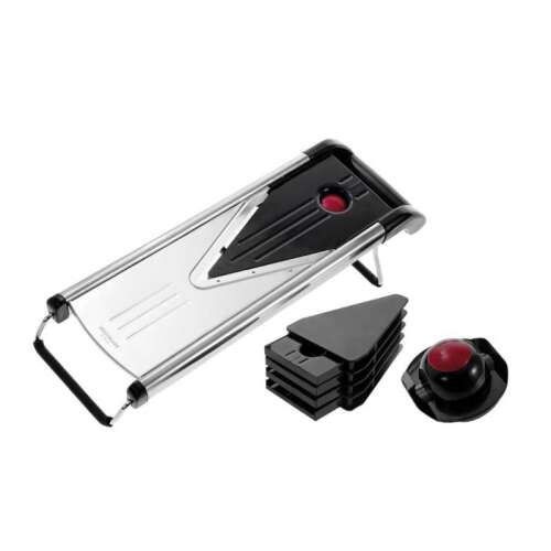 Westmark 11302260 mandoline slicer with 5 interchangeable blades, black and silver, on white background