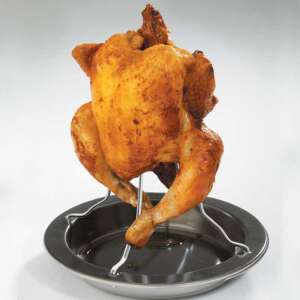 Westmark chicken roaster with a roasted chicken, perfect for crispy skin and juicy meat - Garden Grill & BBQ Tool