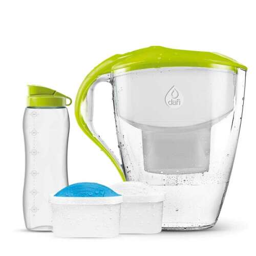 Dafi Astra water filter pitcher set, includes 1 Unimax filter, 1 Unimax magnesium filter, and 1 0.7 liter sports bottle