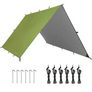 Timeless Tools 3x3 meter waterproof tarp for camping with a carrying bag, green, 3x3m tarp, 6 ground stakes, 6 ropes, 1 bag - Garden Gazebo