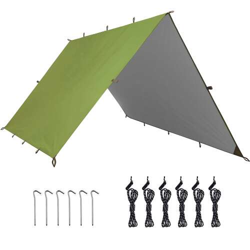 Timeless Tools 3x3 meter waterproof tarp for camping with a carrying bag, green, 3x3m tarp, 6 ground stakes, 6 ropes, 1 bag