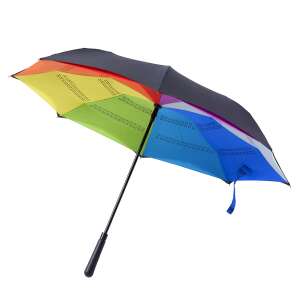 Umbrelă inversată cu interior curcubeu, exterior negru, deschidere automată, 8 panouri, cadru metalic, nervuri din fibră de sticlă, mâner din plastic - Umbrele