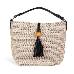 Lifestyleshop Bags női bézs fonott válltáska fekete bőr díszítéssel és fa gyöngyös rojttal - Öltözködés kiegészítő