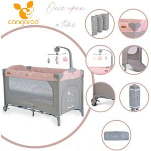 Cangaroo Once upon a time 2 multifunkciós utazóágy - pink utazóágy zenei mobilral, oldalnézet, szürke és rózsaszín, oldalsó nyílással, összecsukható, kerekekkel - Utazóágy és Kiegészítői