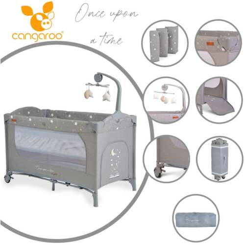 Cangaroo Once upon a time 2 multifunkciós utazóágy, szürke, csillagos mintával, a hordozó táska, a matrac és a mobil is látható
