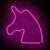 Różowe neonowe światło w kształcie jednorożca na ceglanej ścianie