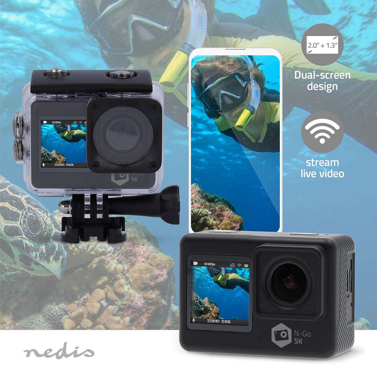 NEDIS Kétképernyős akciókamera 5K Ultra HD @ 30 fps felbontás GOPRO kamera 5K@30fps 16 MPixel Vízálló akár: 30.0 m 90 min Wi-Fi Az alkalmazás elérhető:: Android™ / IOS Rögzítőt tartalmaz ACAM31BK