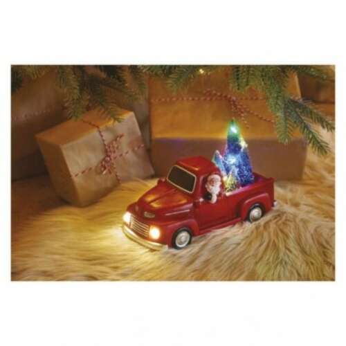 LED dekoráció – Télapó autóban karácsonyfákkal, 10 cm, 3x AA, beltéri, többszínű