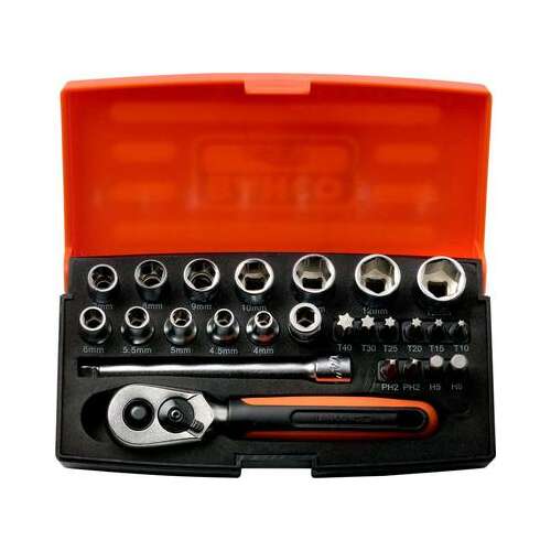 Bahco SL25 Steckschlüssel-Satz, 25-teilig, 1/4 Zoll Antrieb, mit Ratsche, Verlängerung, Bits und Stecknüssen