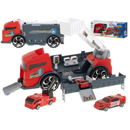 Szállító teherautó TIR 2in1 parkoló tűzoltóautó + 3 piros autó