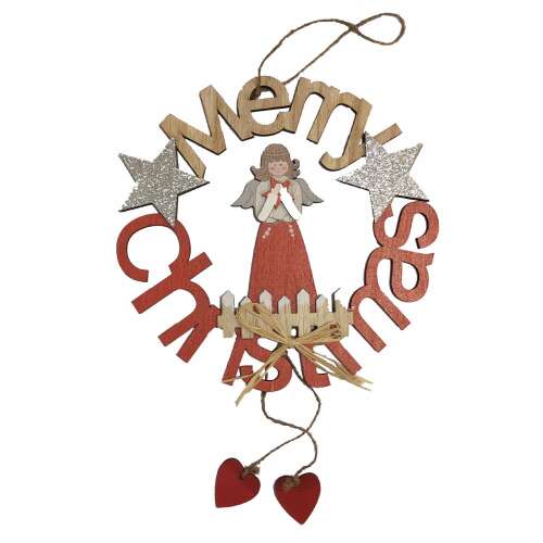 Karácsonyi ajtódísz fából akasztóval Merry Christmas angyal - 10 x 17 cm