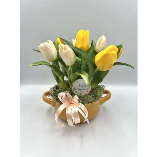 Anyáknapi tulipános tál extra élethű tulipánnal sárga/ fehér színben-felirat választható !