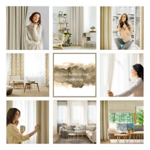 Kollázs a Pierre Cardin krémszínű függönyökről különböző otthoni környezetekben - Pierre Cardin