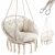 Beige rope hanging chair with cushions and metal reinforcement, comfortable and stylish indoor outdoor swing seat