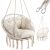 Beige rope hanging chair with cushions, metal reinforcement, and included hanging hardware.