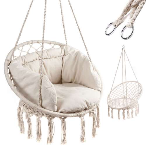 Beige rope hanging chair with cushions and metal reinforcement, comfortable and stylish indoor outdoor swing seat