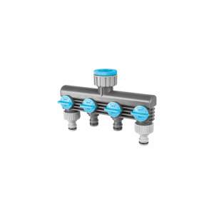 Cellfast Csapos 4 utas Wasserverteiler IDEAL, 4-Wege-Gartenwasserverteiler, grauer Kunststoff, blaue Griffe - Wasserverteiler
