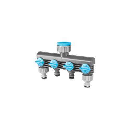 Cellfast Csapos 4 utas Wasserverteiler IDEAL, 4-Wege-Gartenwasserverteiler, grauer Kunststoff, blaue Griffe