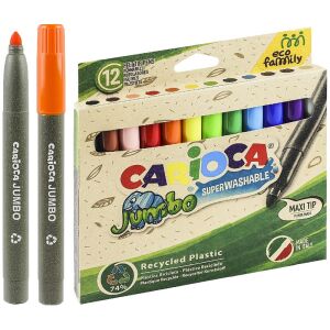 Carioca EcoFamily Jumbo Flamastry, 12 Kolorów, Super Zmywalne, Opakowanie z Recyklingu Plastiku - Gra na instrumencie muzycznym, Deska kreślarska, tablica do pisania, Zestaw artykułów piśmiennych, Kreatywna zabawa, Deska kreślarska i Filctoll