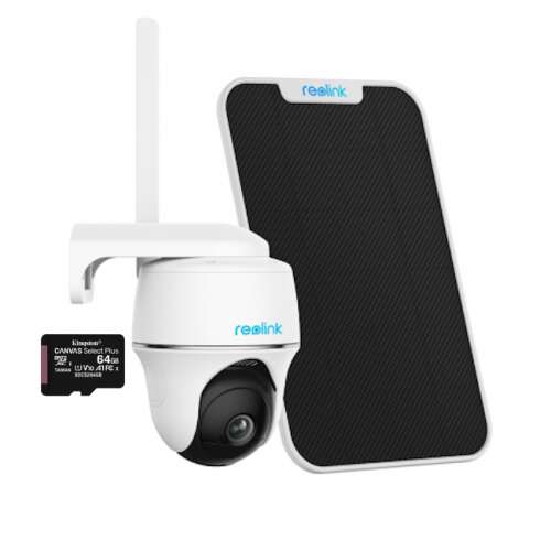 Reolink Go PT Ultra security camera package with solar panel, 64GB microSD card, and smartphone app