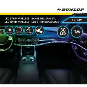 Dunlop vezeték nélküli LED szalag, 1 méter, 30 LED, 16 szín, távirányítóval, autós belső világítás, beépítve autóba - Dunlop