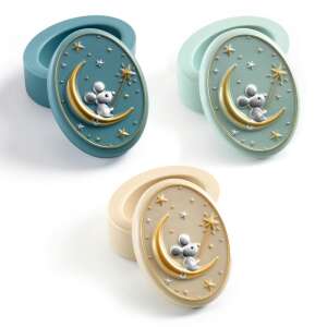 Djeco Pastel Toothbox, a small oval box with a mouse on the moon design, perfect for storing baby teeth - Baby Tooth Collector