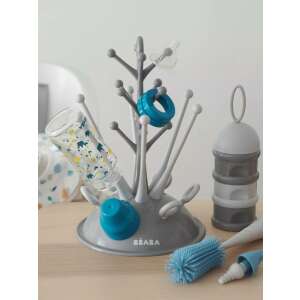 Béaba Baba ajándék szett - Cumisüveg szárító szürke + Több rekeszes tápszertartó doboz Halvány/Sötét köd + Szilikon cumisüveg mosó kefe + Pamut Előke Tropical - Beaba