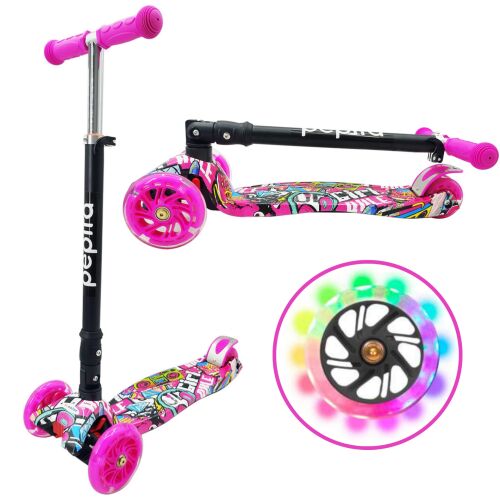 Pepita Foldable Three-Wheeled Scooter - with LED Wheels, Adjustable Handlebar Height #pink 125227842