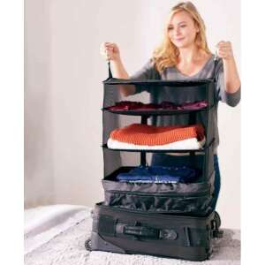 Black 3-tier suitcase organizer with mesh shelves, hanging hooks, and a woman demonstrating its use - Luggage organizer