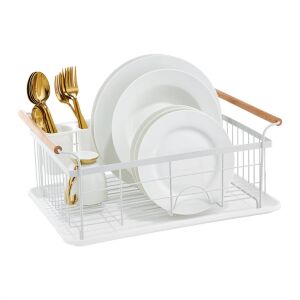 Ambition Edényszárító edényszárító fehér fémvázzal, fa fogantyúkkal és edényekkel. - Edényszárító