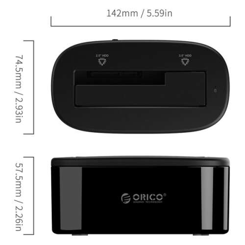 Orico HDD/SSD Dokkoló, 6218US3-EU-BK/80/ (2,5"/3,5" HDD/SSD -> USB-A, Max.: 16TB, fekete)