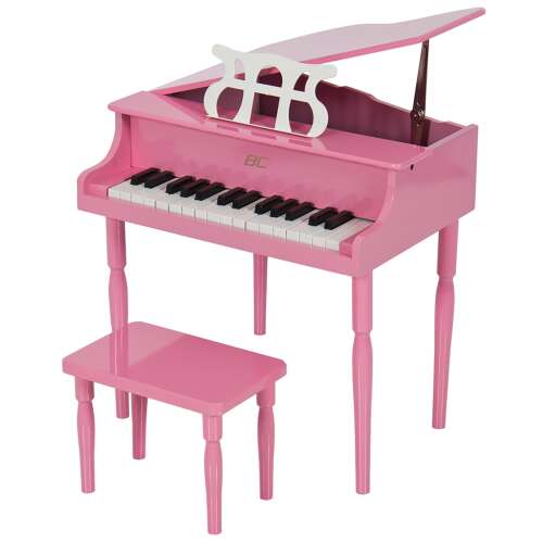 Gyermek fa zongora, székkel együtt, 48 cm, rózsaszínű
