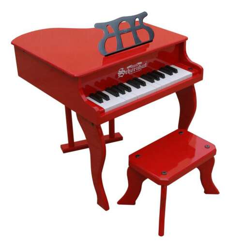 Gyermek zongora, fából készült, székkel együtt, 48 cm, piros