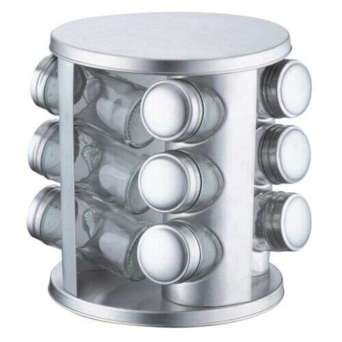 Rotating spice rack with 12 glass jars, stainless steel, silver, 13 piece set