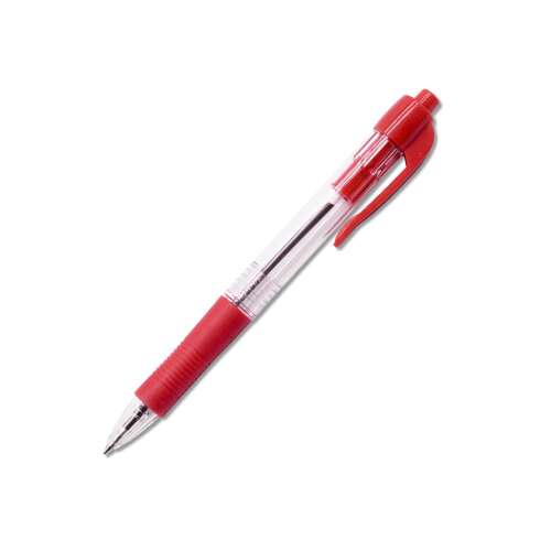 Guľôčkové pero 0,7 mm, stláčacie tlačidlo, gumový úchop, červené priehľadné telo, bluering® r2, farba písania červená