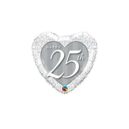 18 inches ezüst szív alakú fólia lufi Happy 25th évforduló mintával