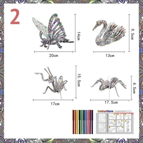 4 az 1-ben Színezhető 3D Puzzle Állatkert: Pillangó, Hattyú, Szöcske, Pók méretekkel - 3D puzzle
