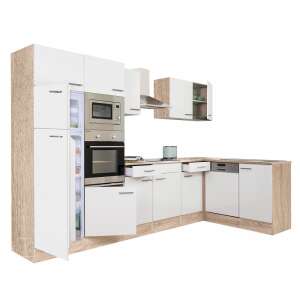 Yorki 340 sarok konyhabútor beépített hűtővel és sütővel, fehér és sonoma tölgy kivitelben - Leziter