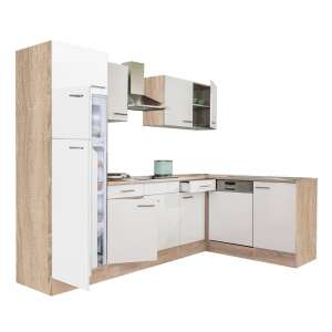 Yorki 280 sarok konyhabútor beépített hűtőszekrénnyel. Modern konyhabútor fehér szekrényekkel és tölgyfa bevonattal. - Leziter
