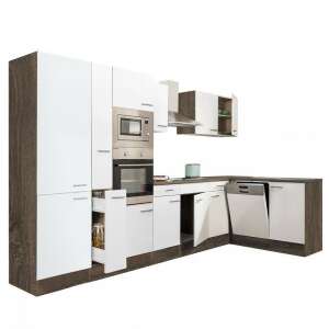 Yorki 370 sarok konyhabútor sütővel és mikrohullámú sütővel. Modern fehér és faerezetű konyhabútor. - Leziter