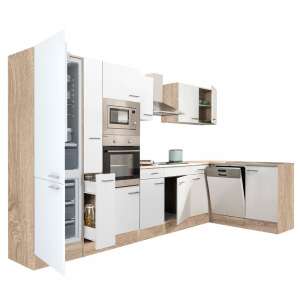Yorki 370 sarok konyhabútor beépített hűtővel és sütővel, fehér és sonoma tölgy kivitel - Leziter