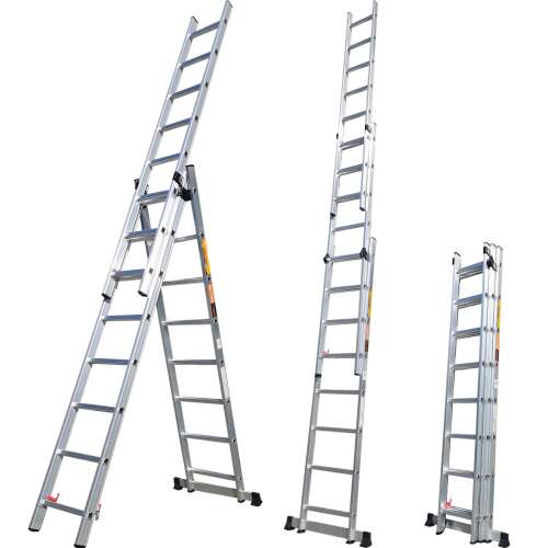 Scară din aluminiu Pepita cu 3 secțiuni, 24 de grade, 4,8m, prezentând diferite configurații